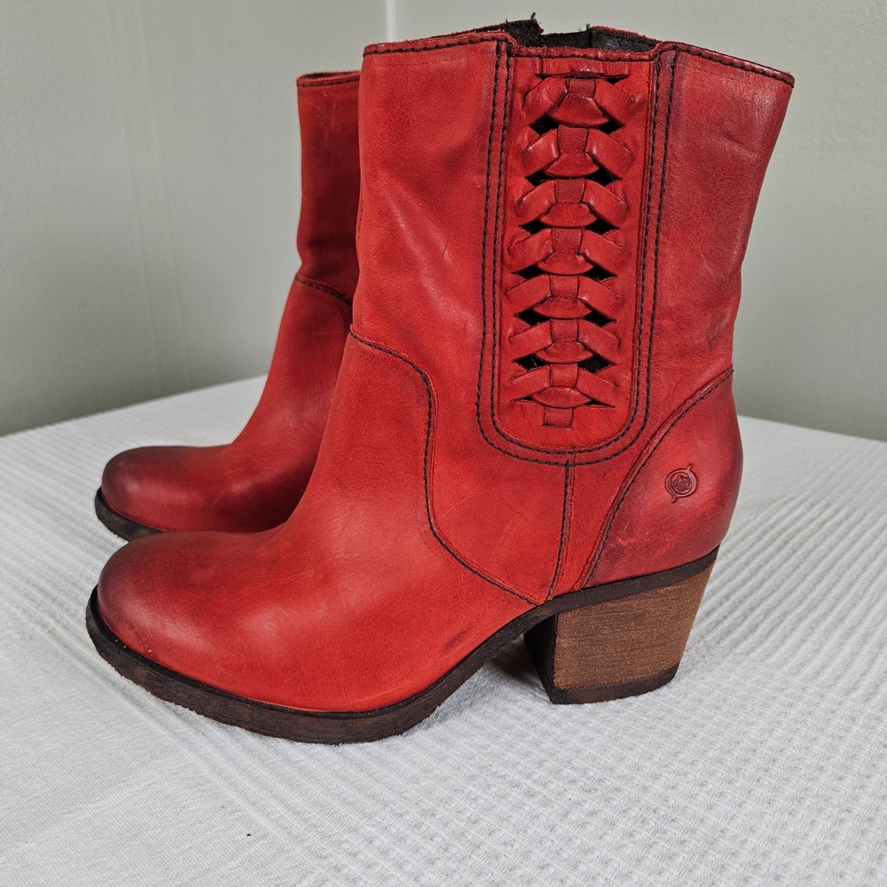 Born Orosi Red Leather Booties Boots Sz 7.5 Braided Side‎ Zip Heel - Picture 2 of 10